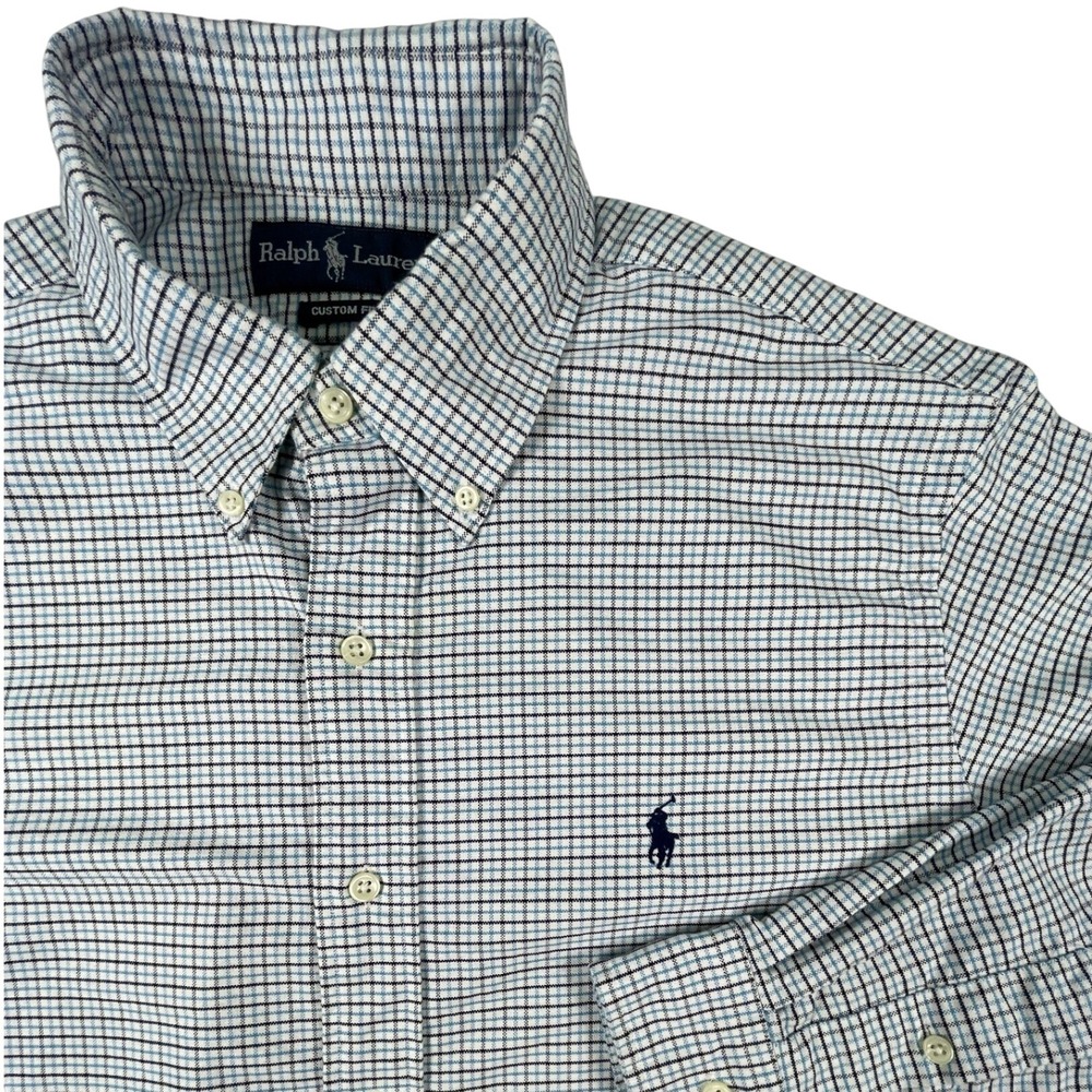 Ralph Lauren Button Down Mens L White Blue Check Custom Fit Long Slv Pony Logo